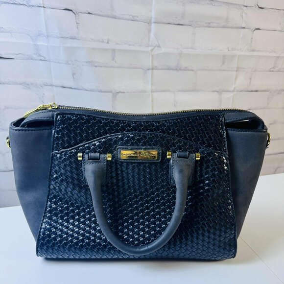 Adrienne Vittadini Black Woven Satchel Handbag with Gold Hardware - Picture 2 of 12